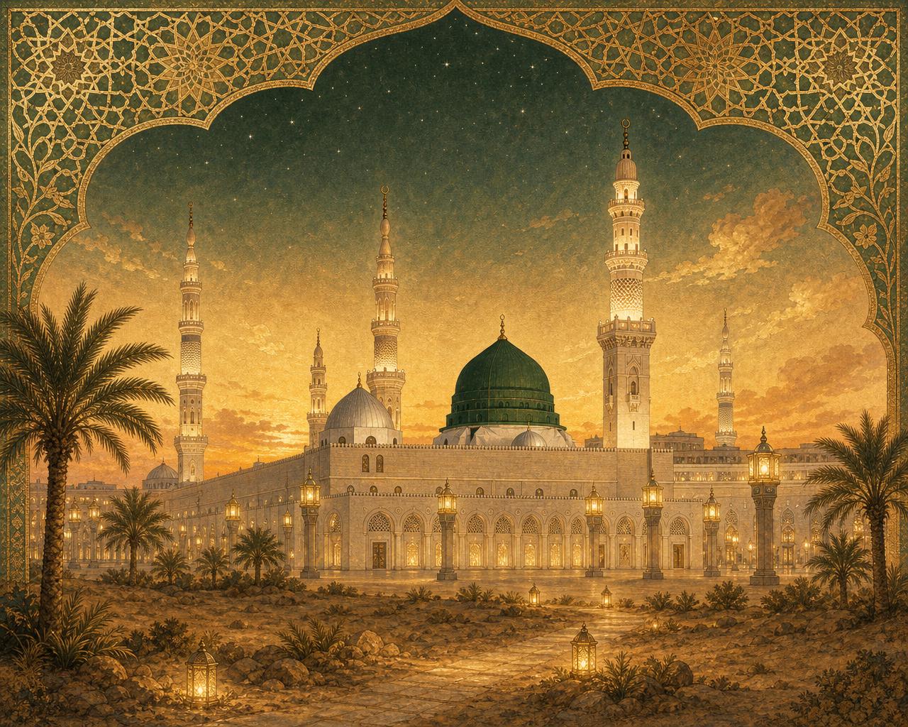 Soft desert landscape with an illuminated path leading to a distant mosque